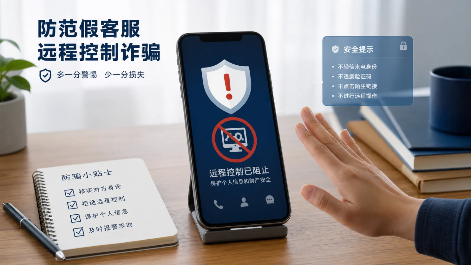 手机显示远程控制警告并提醒拒绝假客服操作的反诈教学图