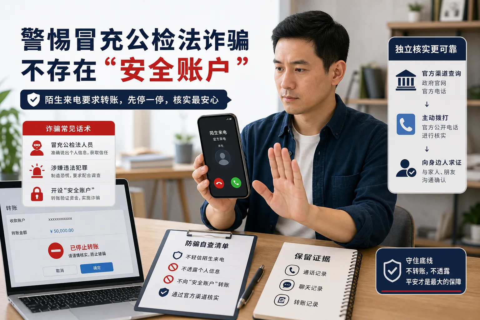 陌生来电冒充公检法并要求转入安全账户时立即停止转账和独立核验的反诈教学图